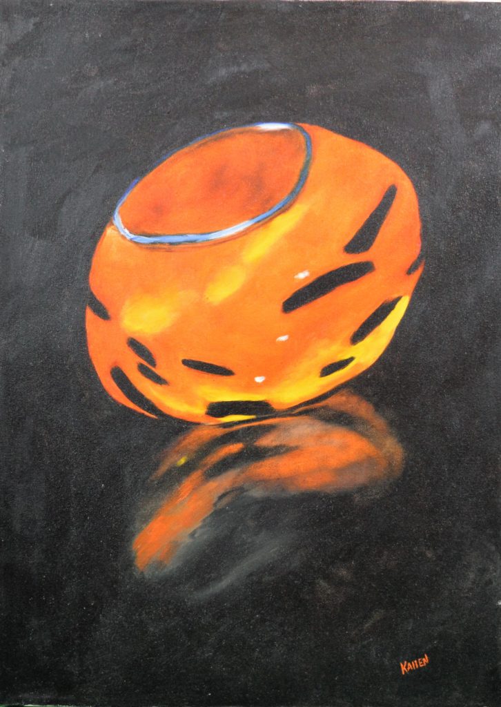 Deep orange art-glass bowl, oil on canvas,
signed