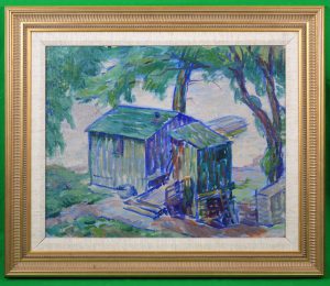 A framed oil painting of a fishing shack in the manner of Paul Cezanne.