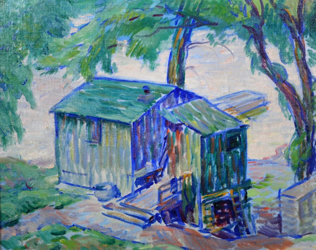 An oil painting of a fish shack, contemporaneous with and in the style of Paul Cézanne.