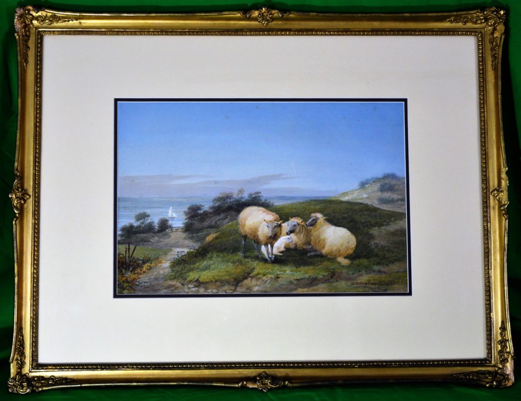 Watercolor of sheep resting on a hill overlooking the sea, framed.