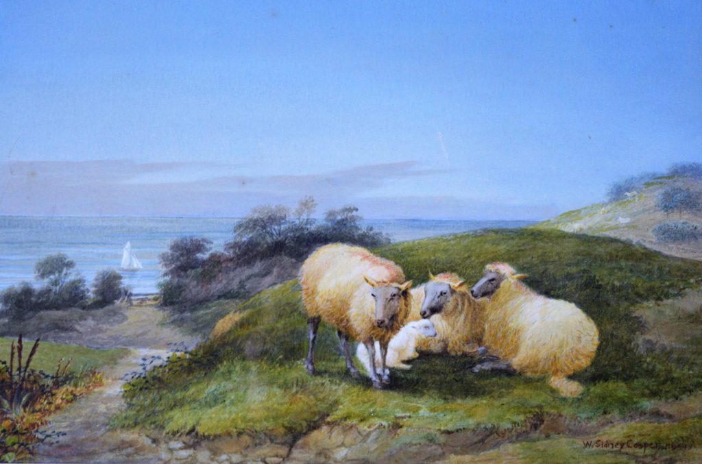 Watercolor of sheep resting on a hill overlooking the sea.