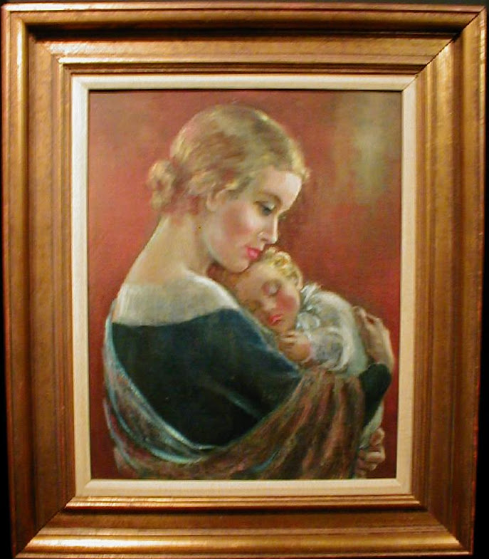 Mother holding baby, oil on canvas board, framed.