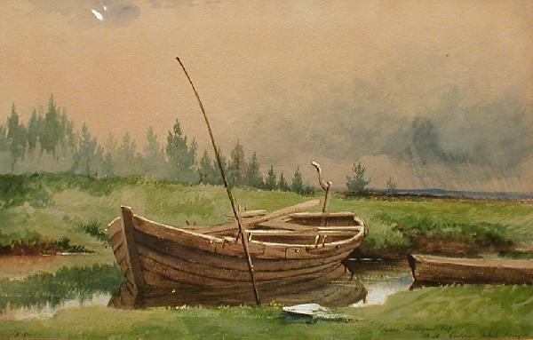 A watercolor of a rowboat in a backwater.