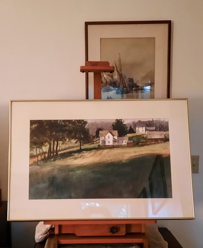 An Illinois Farm, watercolor, signed, large matt, framed - on easel.