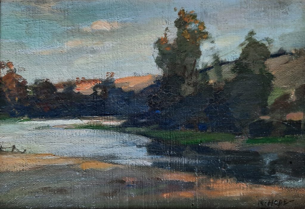 Evening on the Teviot, oil on laid down canvas