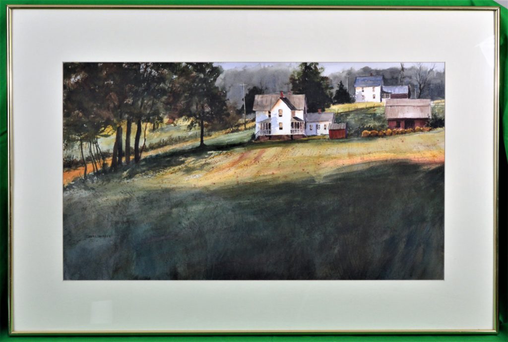 An Illinois Farm, watercolor, signed, large , framed.