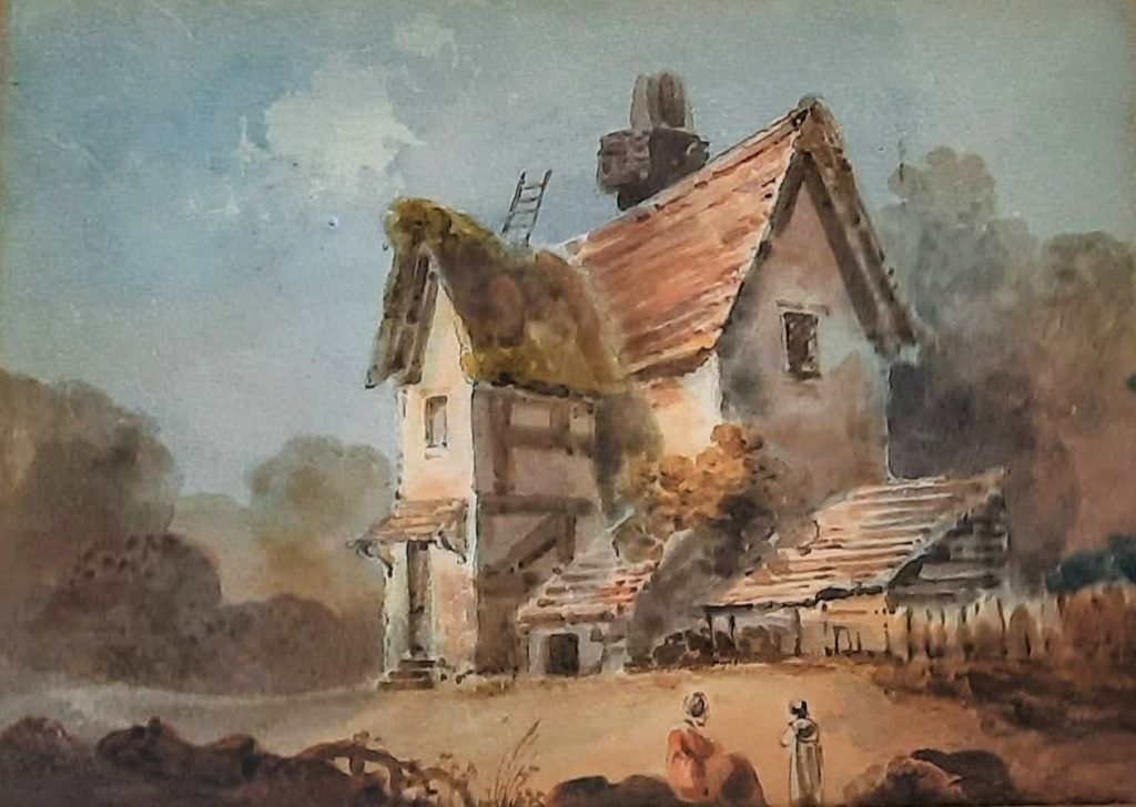 Elizabethan Period Cottage with figures, watercolor.