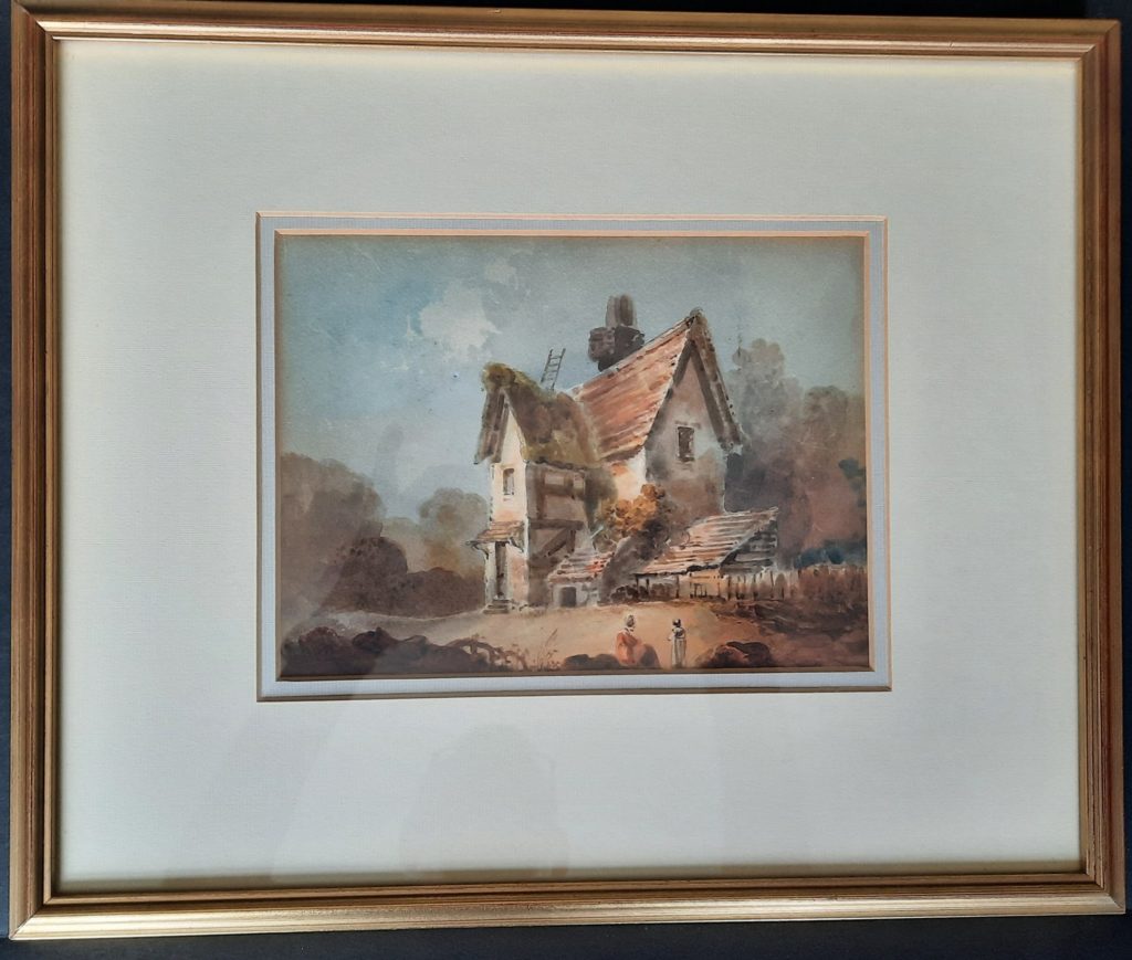 Elizabethan Period Cottage with figures, watercolor, framed.