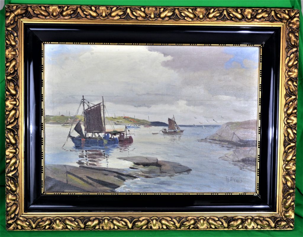 Harbor scene with fishing vessels, oil on canvas, signed, framed.