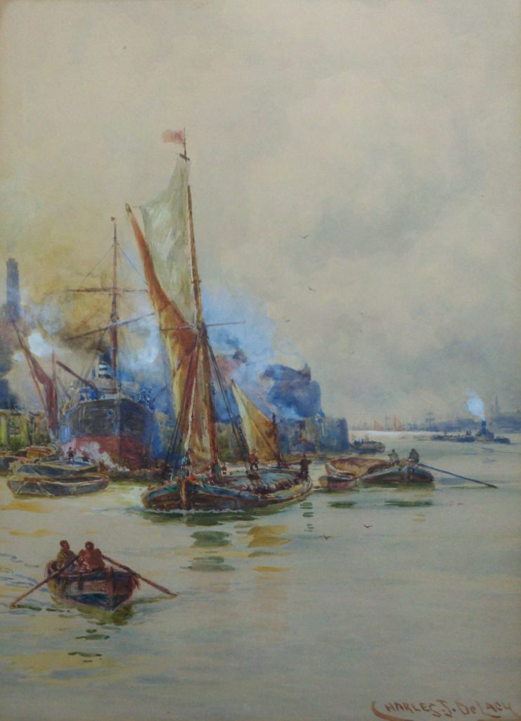 Thames Shipping, watercolor, signed.