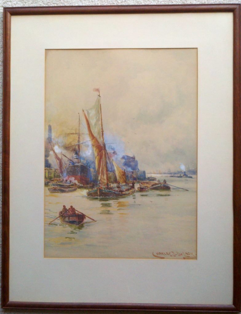 Thames Shipping, watercolor, signed, framed.