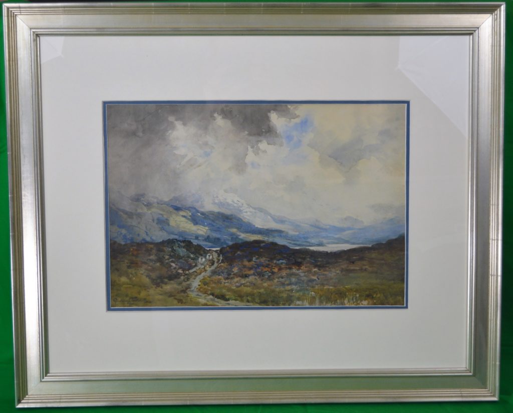 Sheep in Highland landscape, watercolor, signed, framed.