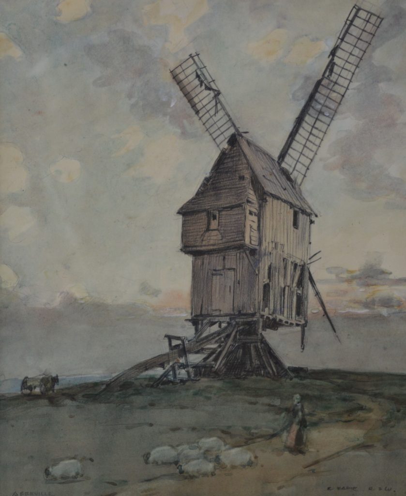 Windmill at Abbeville, watercolor, signed and inscribed "Abbeville".