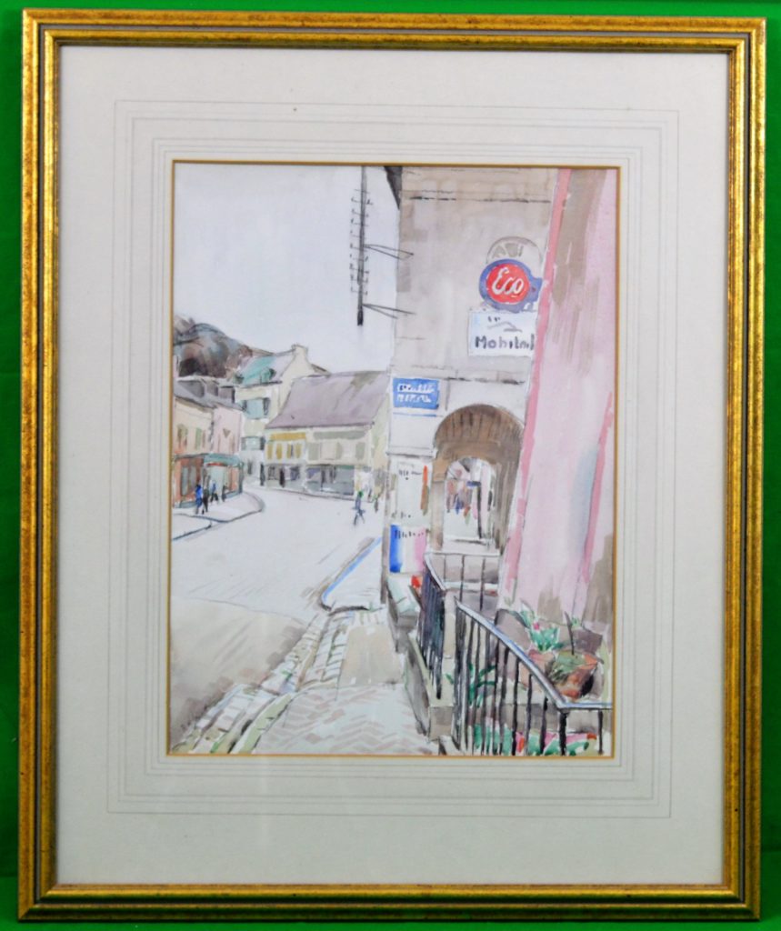 Watercolor of a French street scene, framed.